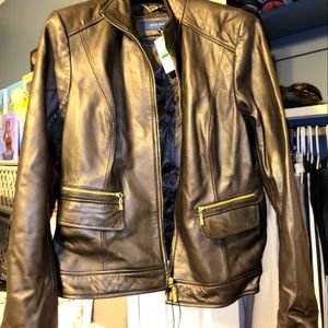 NWT Cole Haan Women's Wing Collar Lambskin Leather Jacket - Black - Large